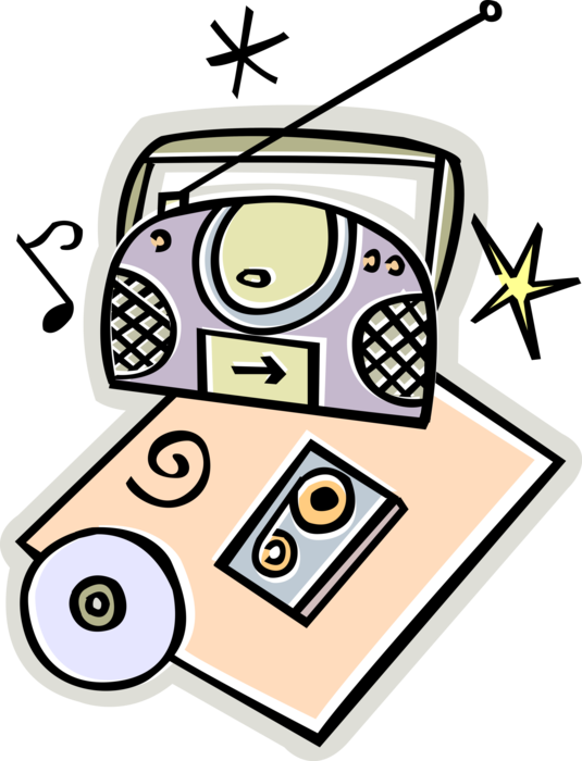 Vector Illustration of Personal Portable Stereo System, with Music CD, and Audio Cassette Tape