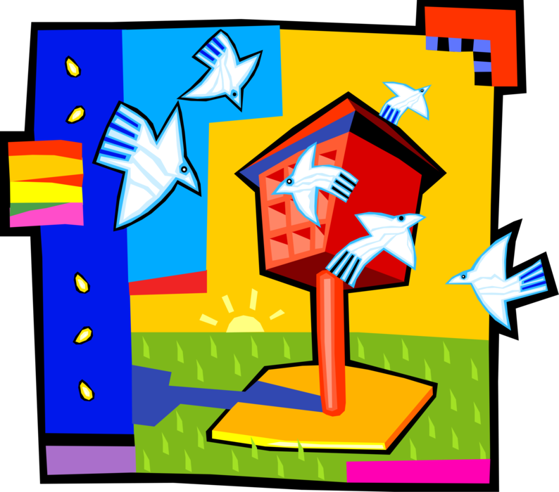 Vector Illustration of Birdhouse Bird Shelter with Dove Birds in Flight