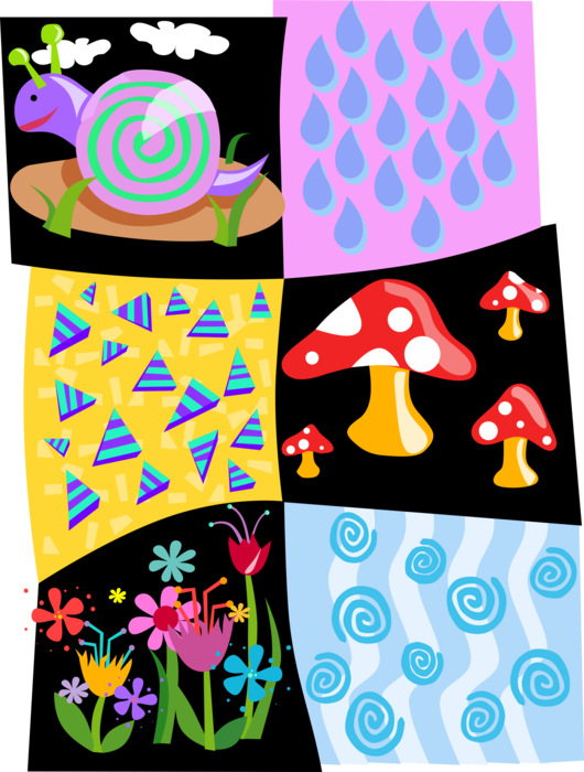 Vector Illustration of Toadstool Mushrooms, Snail, Garden Flowers and Raindrops