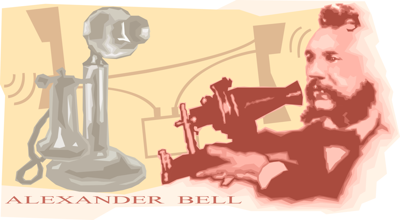 Vector Illustration of Inventor Alexander Graham Bell Discovers the Telephone