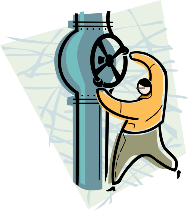 Vector Illustration of Energy Gas and Oil Worker Opens Pipe Valve