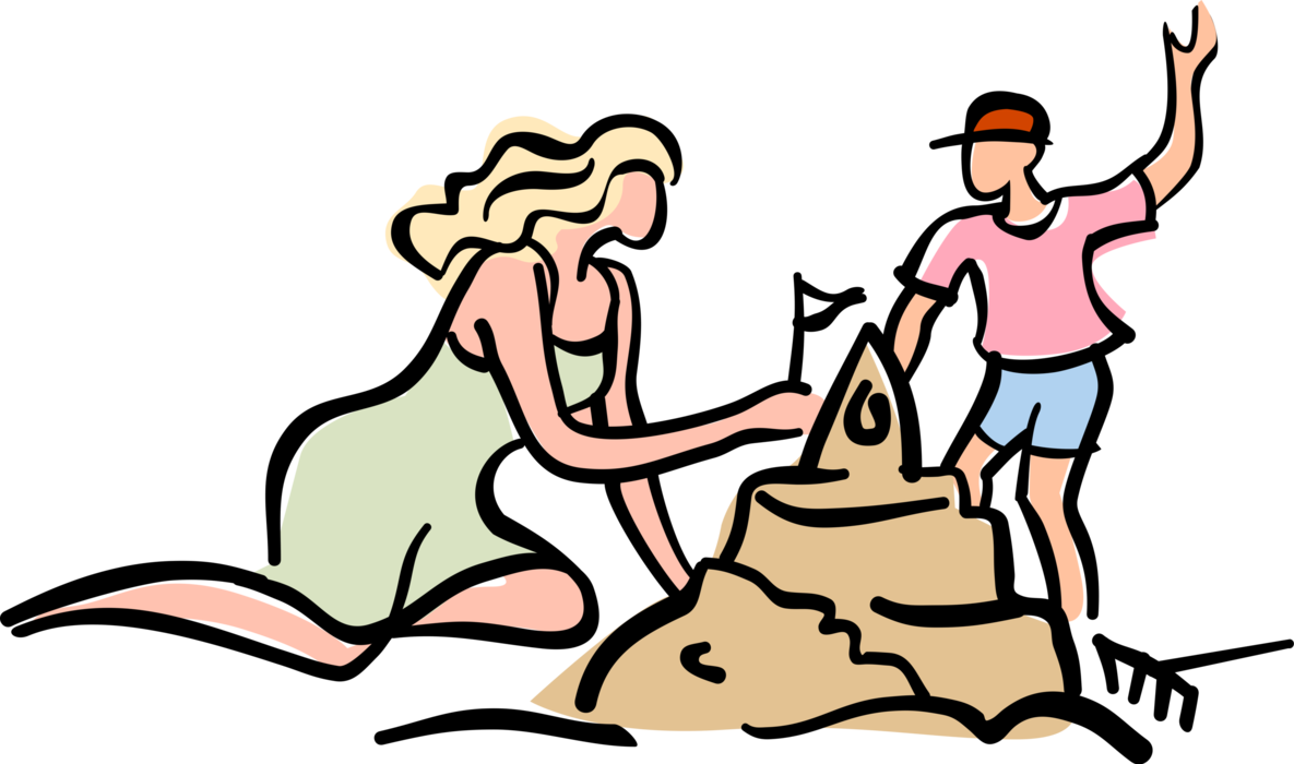 Vector Illustration of Mother and Child Construct Sand Castle on Beach