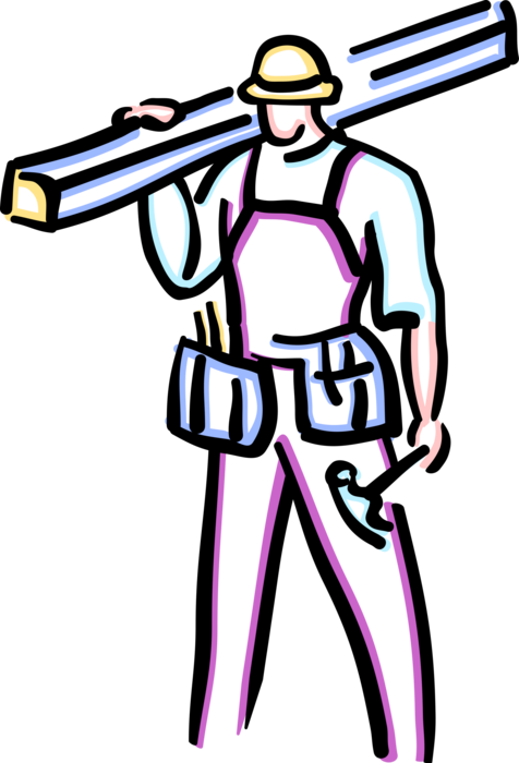 Vector Illustration of Construction Worker Carpenter with Hammer and Lumber