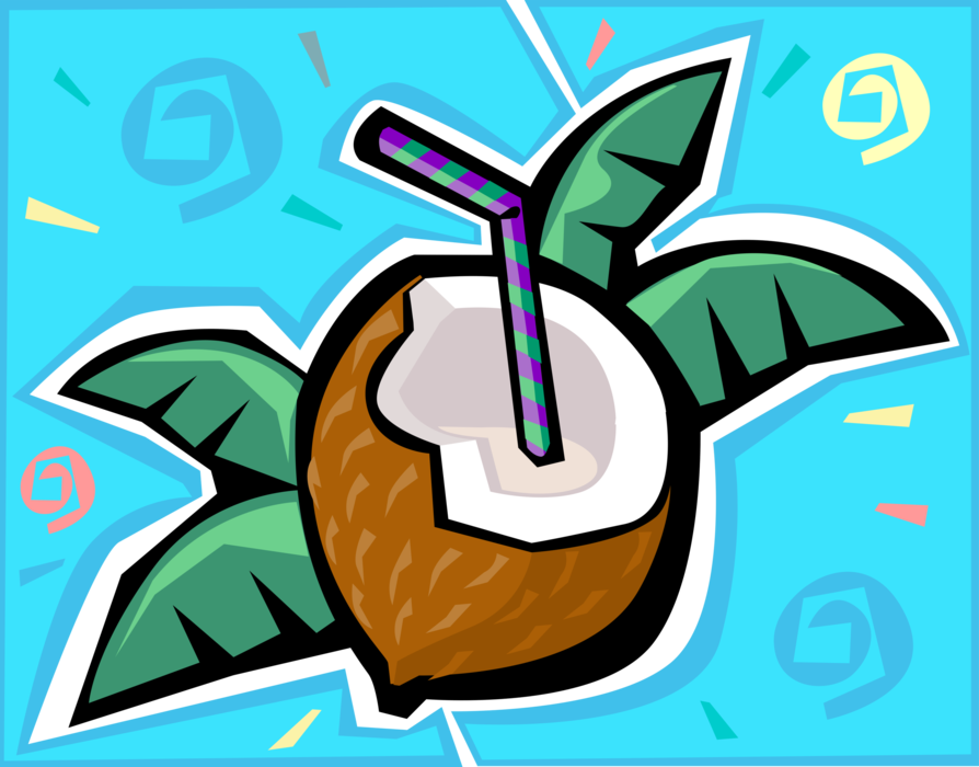 Vector Illustration of Coconut Hard-Shelled Edible Seed Fruit of Coconut Palm with Drinking Straw