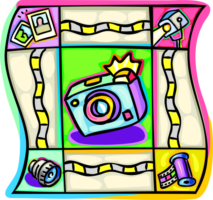 Vector Illustration of Photographic Camera with Photography Lens, Film Canister and Photos