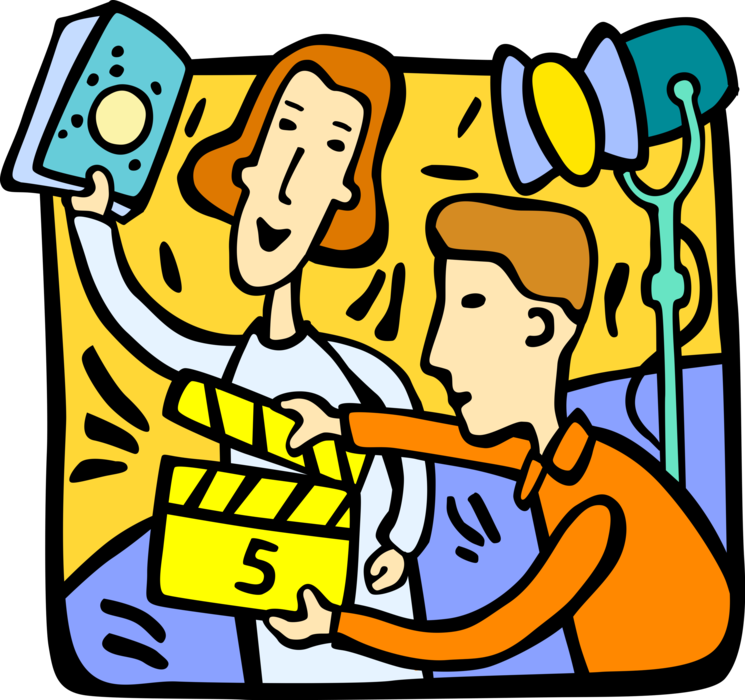 Vector Illustration of Filming Television Commercial for Product with Director and Clapperboard