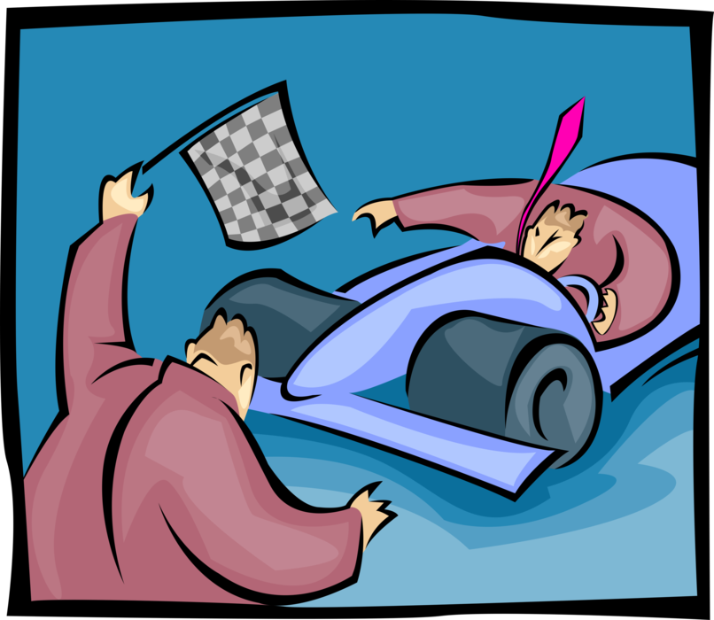 Vector Illustration of Motor Race Car Winner Crosses Finish Line with Checkered or Chequered Flag