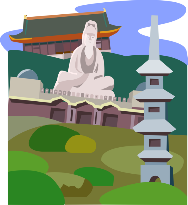 Vector Illustration of Big Kannon Statue in Kyoto, Toji Temple, Japan