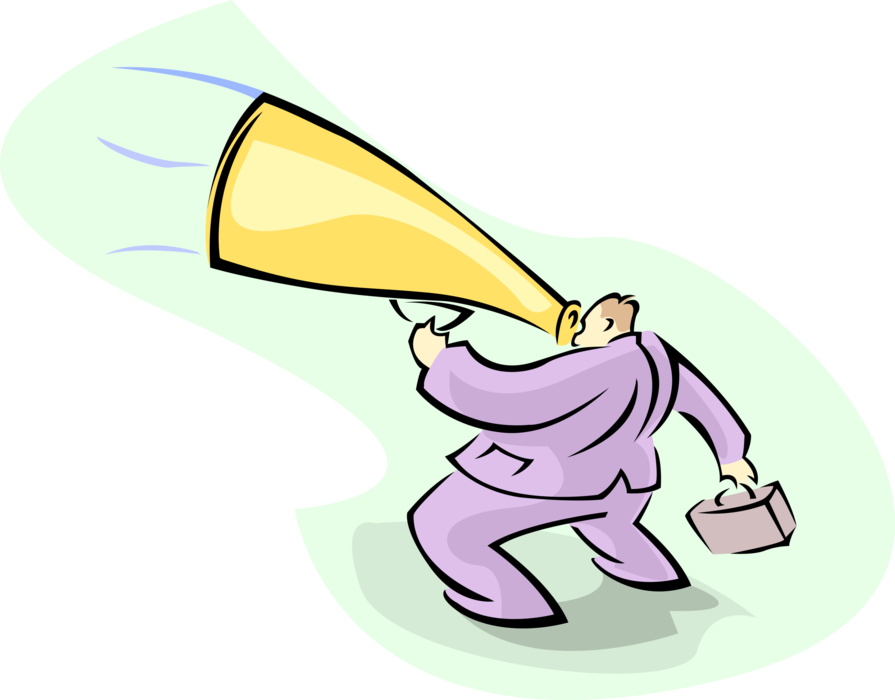 Vector Illustration of Businessman Makes Announcement with Megaphone or Bullhorn to Amplify Voice