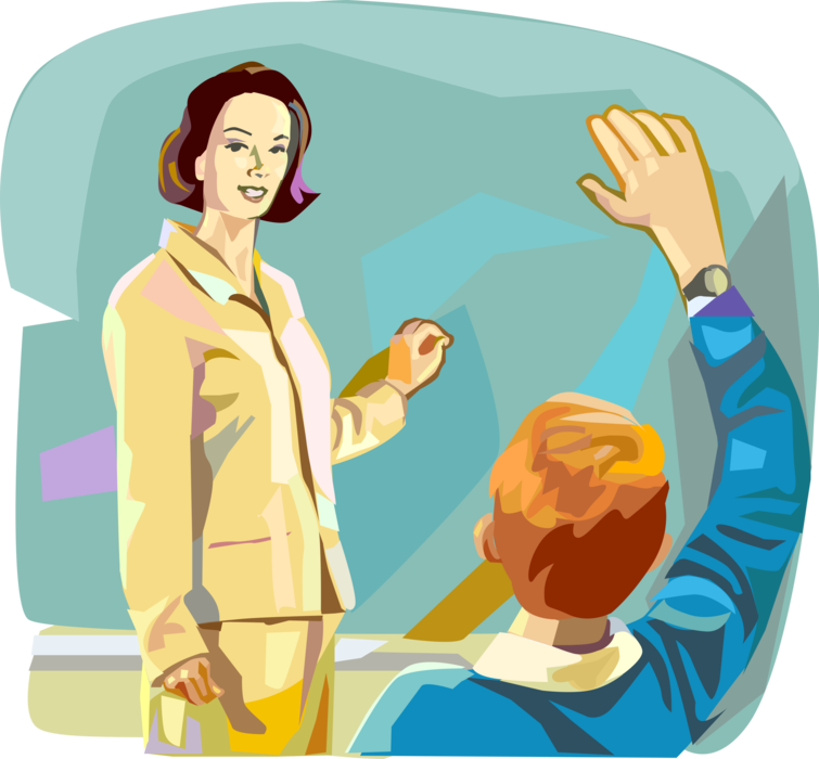 Vector Illustration of Teacher Teaching in School Classroom with Student Raising Hand to Answer Question