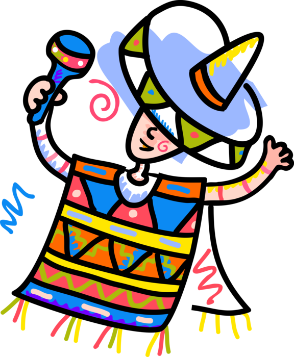 Vector Illustration of Tourist in Mexico with Sombrero and Poncho Garment