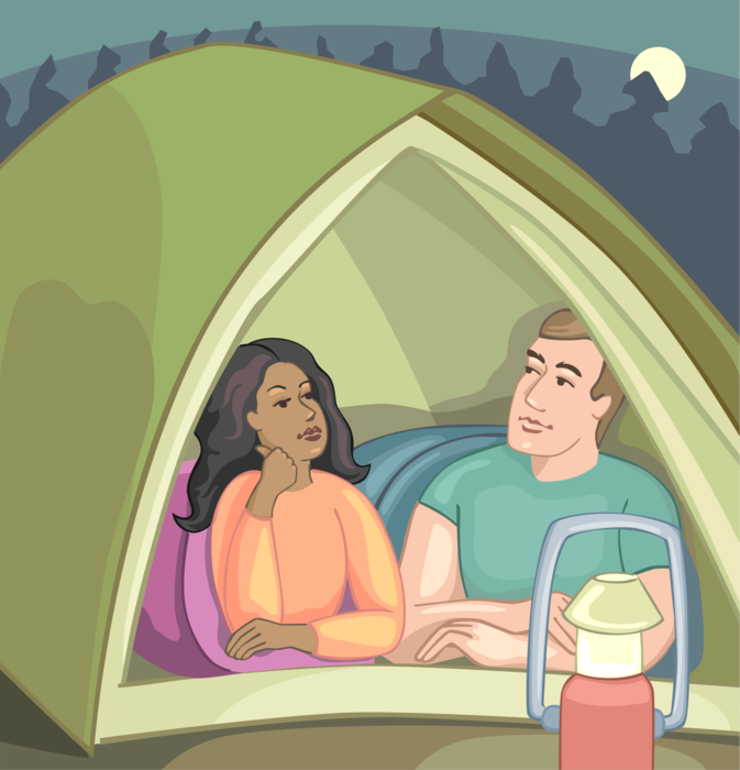 Vector Illustration of Outdoor Recreational Activity Camping Campsite Campers Camping Outdoors with Sleeping Bags in Tent