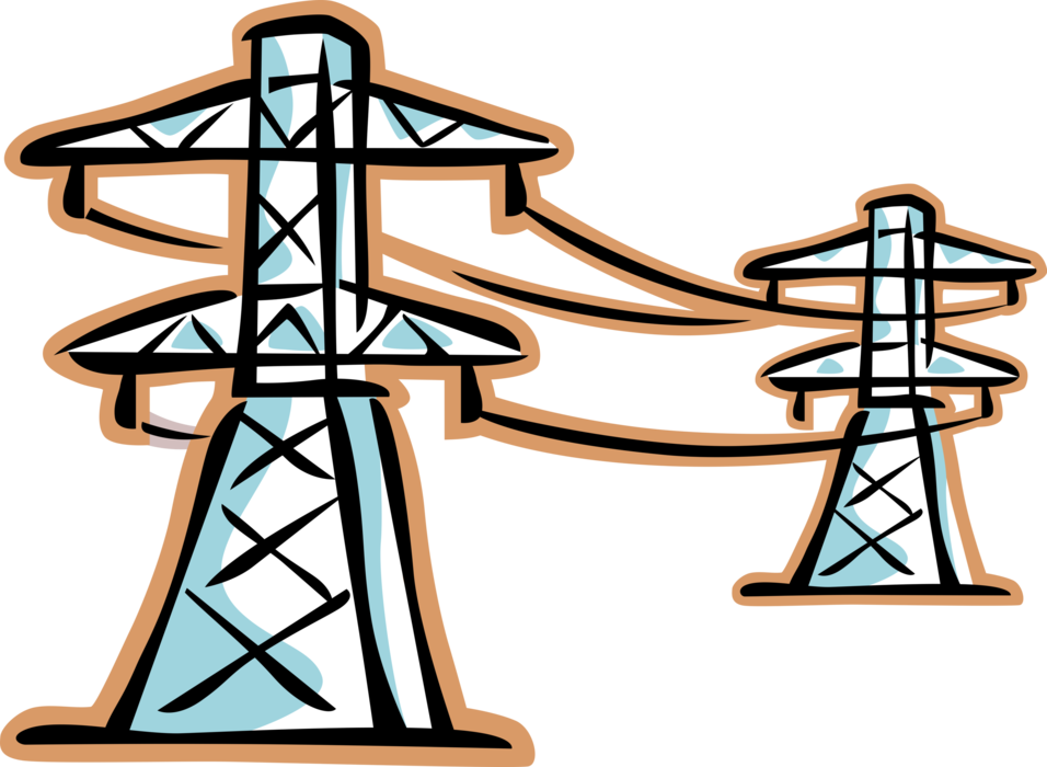 Vector Illustration of Hydro Lines and Transmission Towers Carry Power Lines to Distribute Electricity