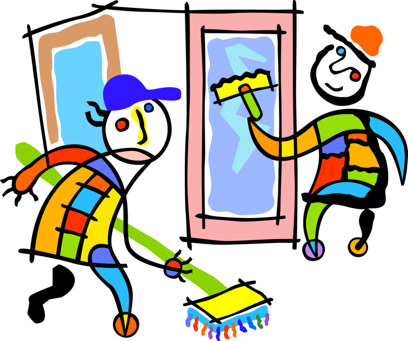 Vector Illustration of Building Maintenance and Janitorial Service Workers Wash Windows and Clean Floors