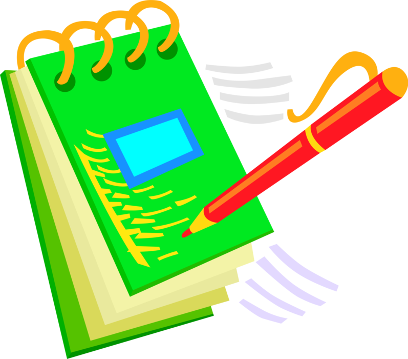 Vector Illustration of Notebook, Notepad or Writing Pad Records Notes or Memoranda with Pen Writing Instrument