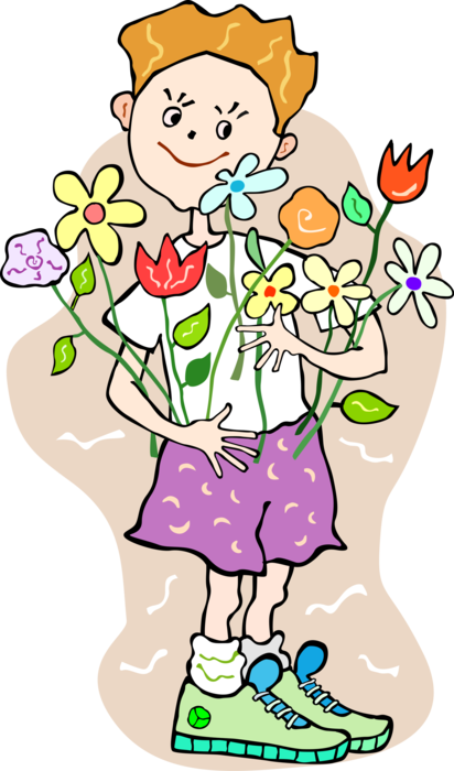 Vector Illustration of Adolescent Boy Picks Summer Flowers