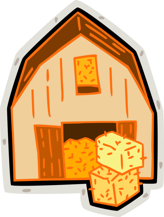 Vector Illustration of Farming Operation Farm Barn with Harvest Alfalfa Hay Bales