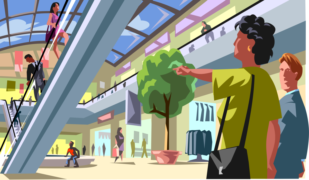 Vector Illustration of Retail Shopping Mall Center with Shoppers Engaged in Retail Therapy