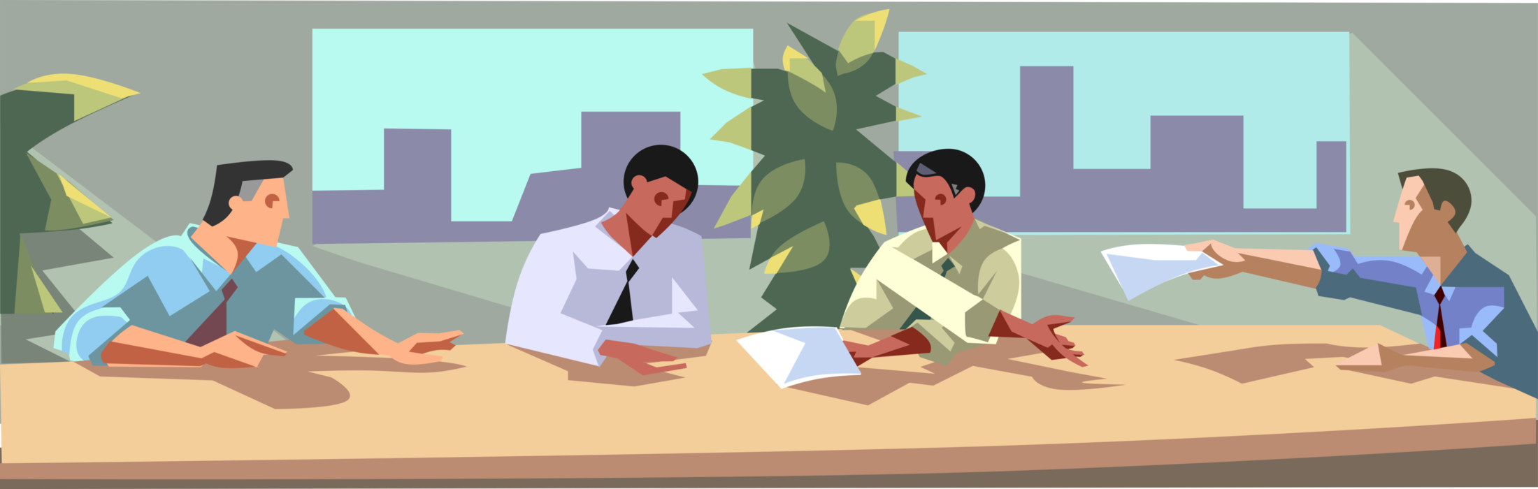 Vector Illustration of Boardroom Meeting Passing Documents for Review and Discussion