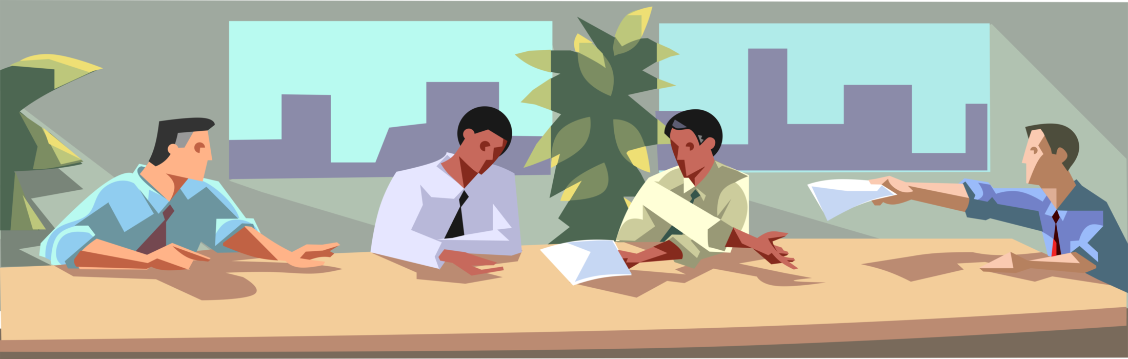 Vector Illustration of Boardroom Meeting Passing Documents for Review and Discussion