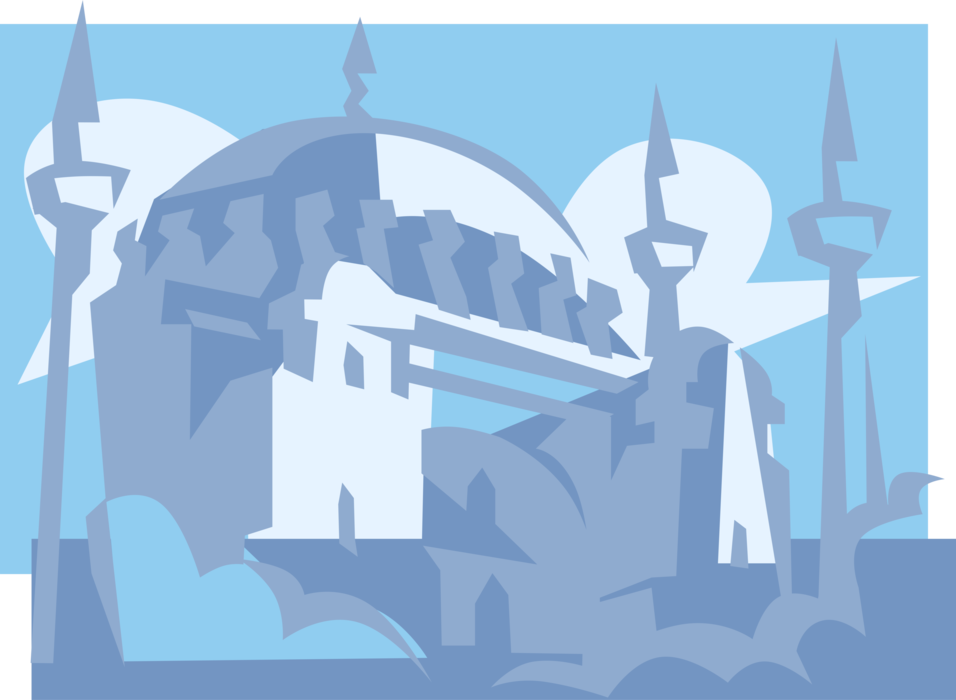 Vector Illustration of Islamic Sultan Ahmed Blue Mosque, Istanbul, Turkey with Minarets