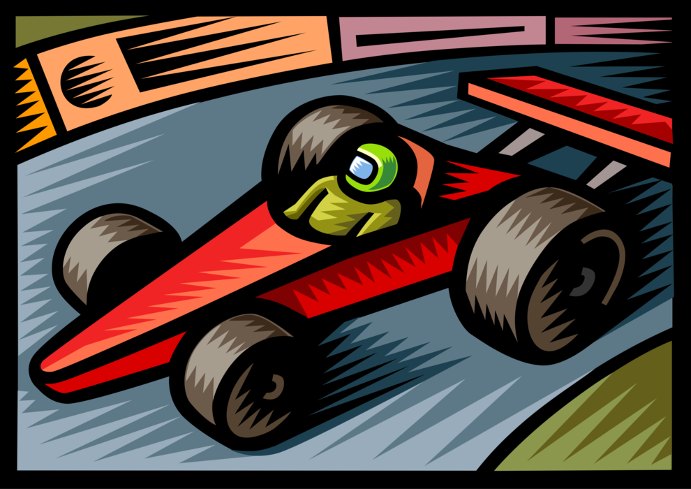 Vector Illustration of Motor Race Car Motorist Driver in Racing Car on Track