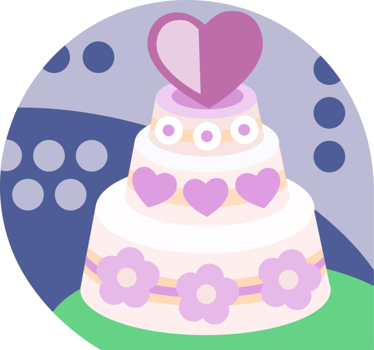 Vector Illustration of Three-Tiered Wedding Cake Dessert Served at Marriage Receptions with Love Heart