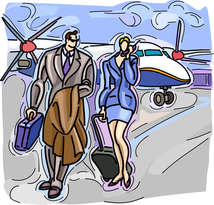 Vector Illustration of Business Travelers on Arrival Depart from Airplane and Walk to Airport Terminal