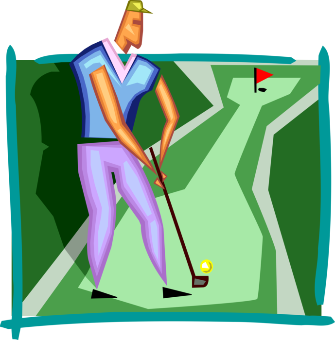 Vector Illustration of Sport of Golf Golfer Lines Up Golf Shot with Club Aiming for the Green
