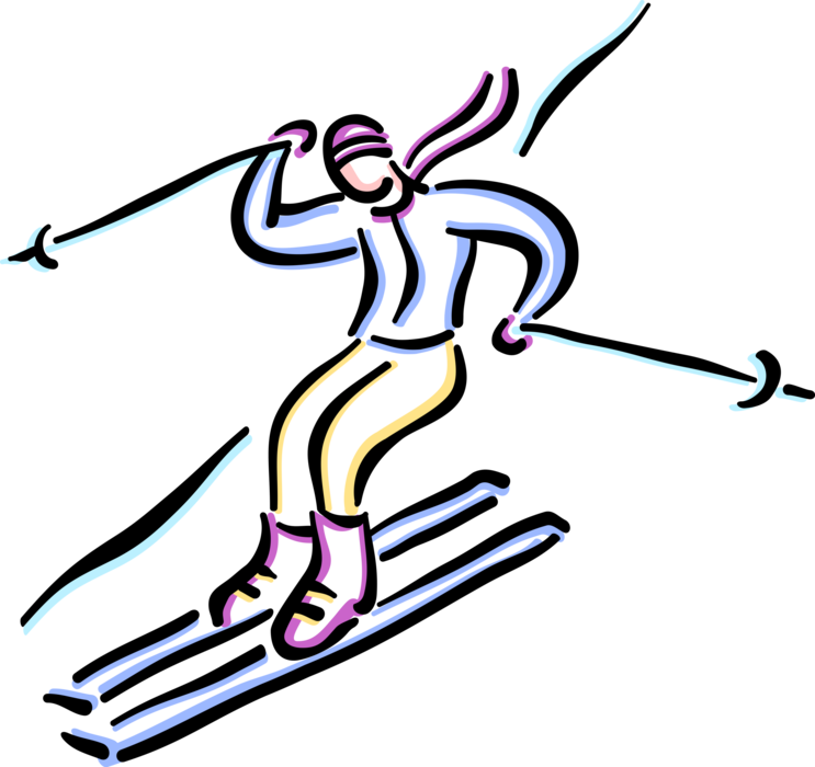 Vector Illustration of Downhill Alpine Skier Slalom Skis while Skiing at Mountain Ski Resort