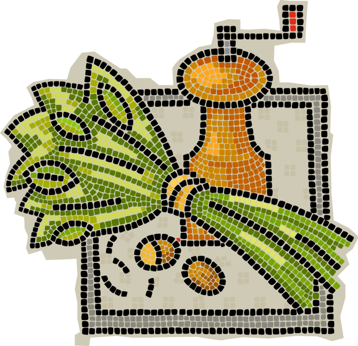 Vector Illustration of Decorative Mosaic Manual Burr-Mill Coffee Grinder Facilitates the Brewing Process