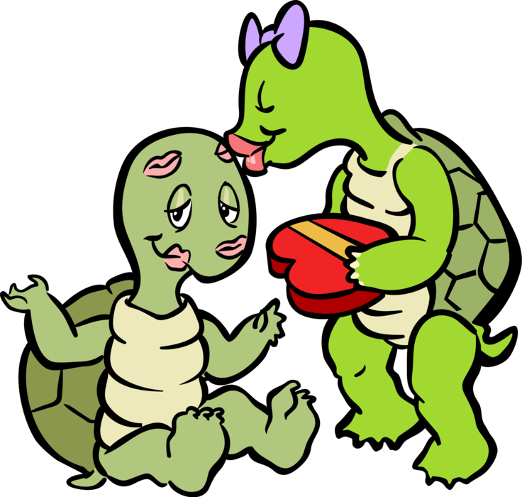 Vector Illustration of Slow-Moving Terrestrial Reptile Tortoise or Turtles in Love with Kisses and Valentine's Day Candy