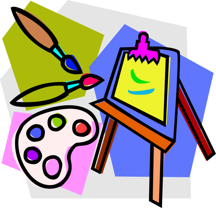 Vector Illustration of Visual Arts Artist's Easel with Palette and Brushes