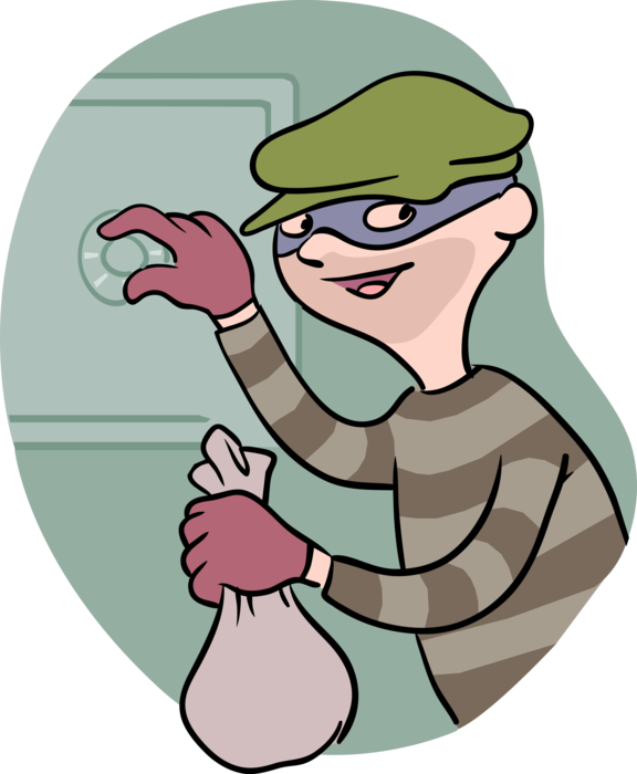 Vector Illustration of Criminal Burglar, Thief, Crook, Robber Robbing Combination Lock Safe