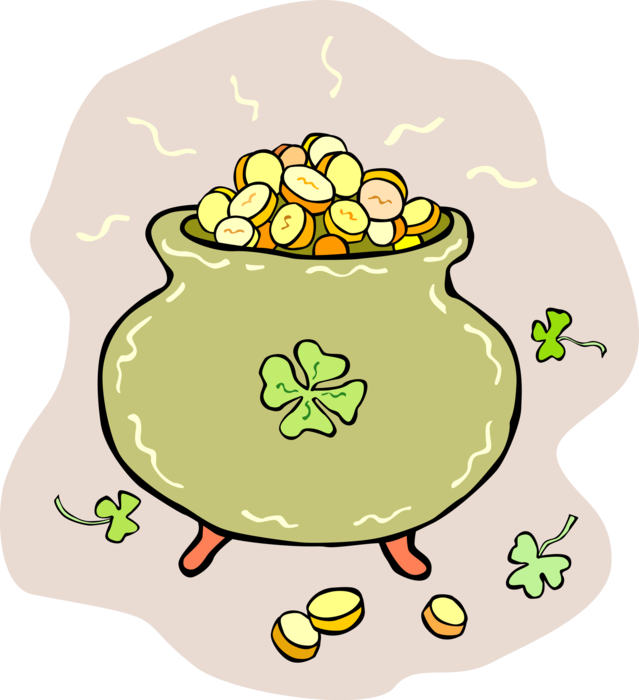 Vector Illustration of St Patrick's Day Pot of Gold Coins and Shamrocks