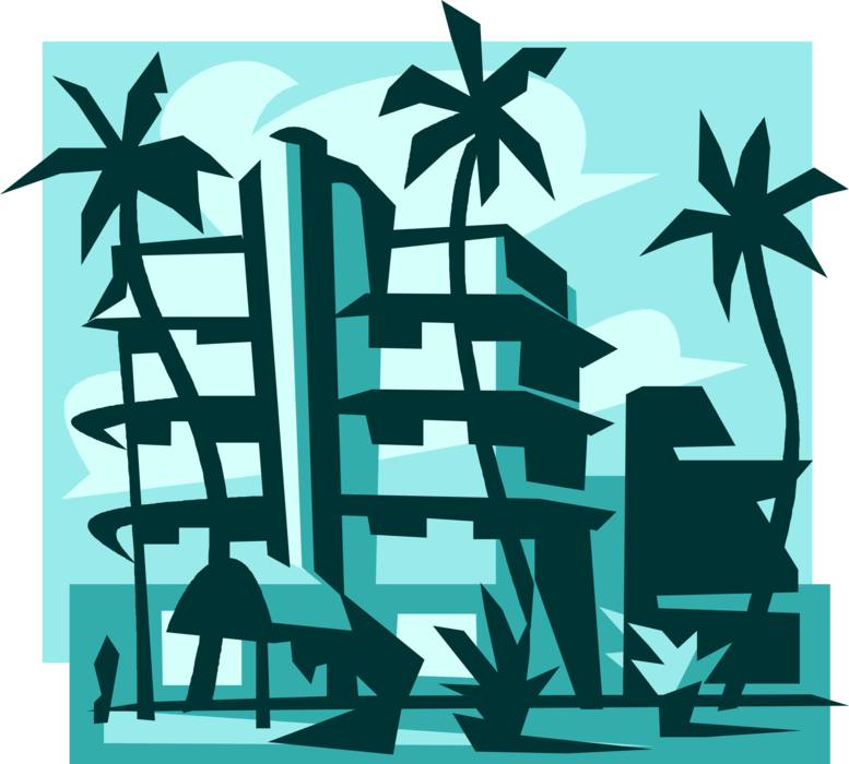 Vector Illustration of Miami Beach Resort Hotel with Palm Trees
