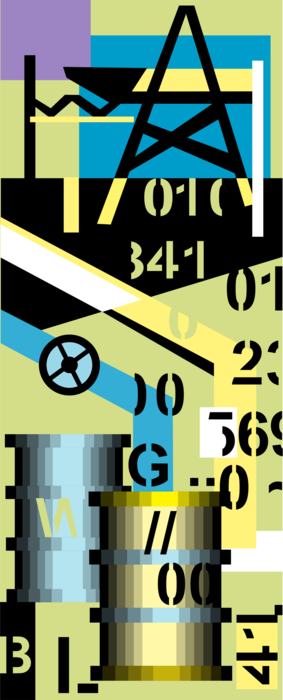 Vector Illustration of Fossil Fuel Oil and Petroleum Gas Industry with Barrels and Drilling Derrick