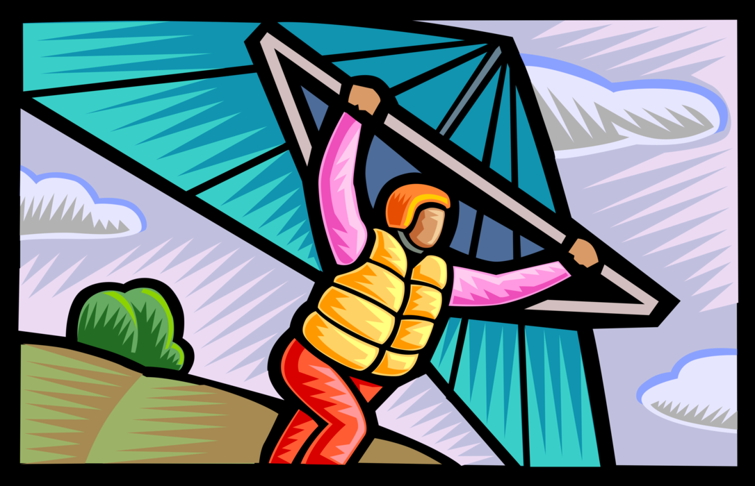 Vector Illustration of Hang Gliding Pilot Launches Hang Glider from Ground