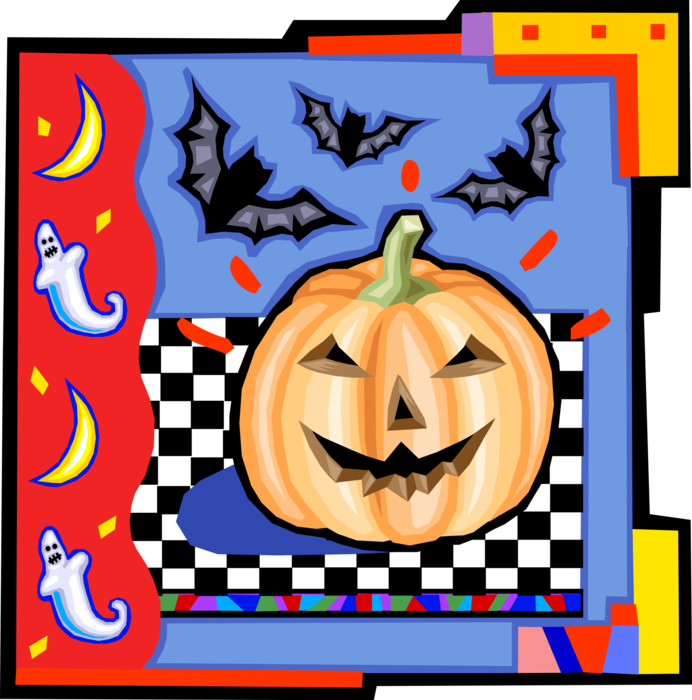 Vector Illustration of Halloween Jack-o'-Lantern Carved Pumpkin with Bats and Ghost Phantom, Apparition, Spirit, Spooks