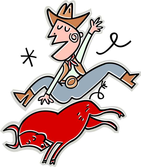 Vector Illustration of Rodeo Cowboy Rides Wild Bull in Bull Riding Competition