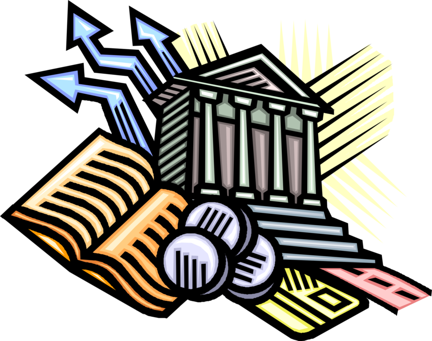 Vector Illustration of Financial Institution Banking Symbols with Bank, Coins and Stock Market Data