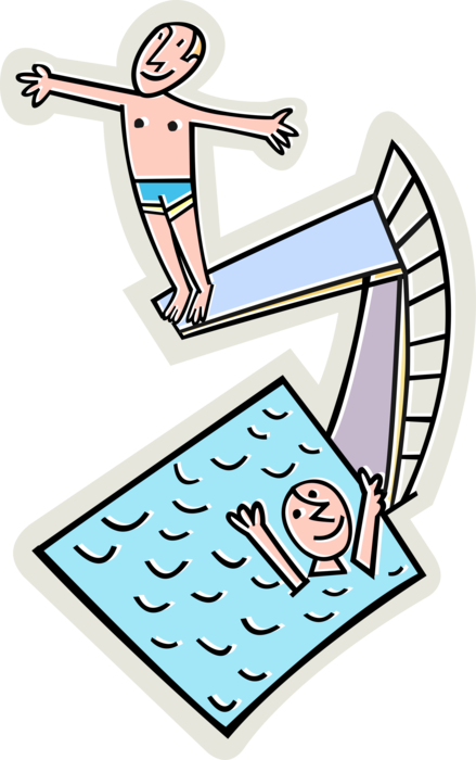 Vector Illustration of Diver Stands on High Diving Board About to Dive into Swimming Pool