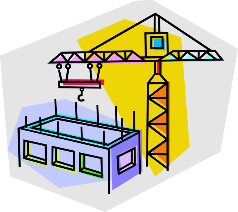 Vector Illustration of Construction Industry Crane on Building Site with Hook Lifting Steel Beams