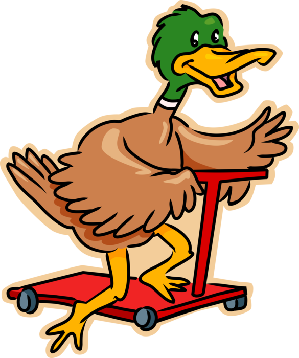 Vector Illustration of Mallard Duck Rides Foot-Propelled Push Cart