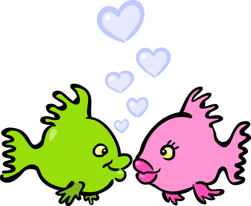 Vector Illustration of Romantic Marine Aquatic Fish Kiss with Love Hearts