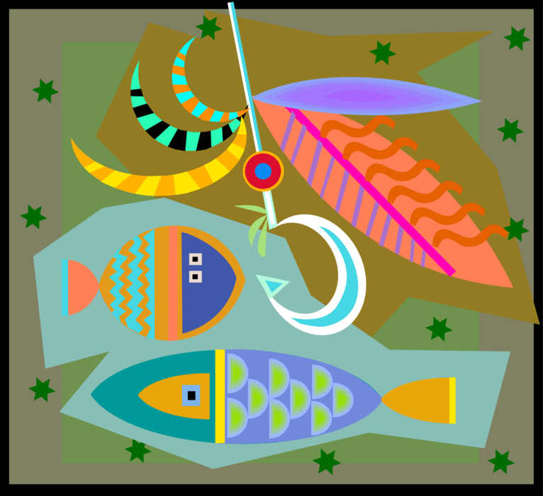Vector Illustration of Fly Fishing Hook with Catch Fish 