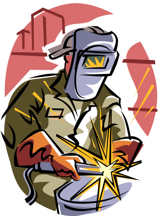 Vector Illustration of Arc Welder Welds Metal with Torch and Protective Goggles