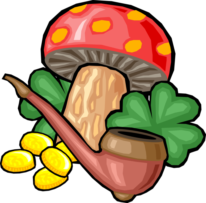 Vector Illustration of St Patrick's Day Mushroom, Gold Coins, Four-Leaf Clover Shamrock and Smoking Pipe