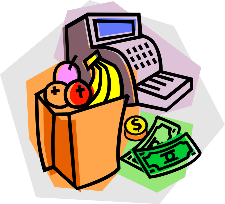 Vector Illustration of Supermarket Grocery Store Groceries at Cash Register with Currency Money Bills and Coin