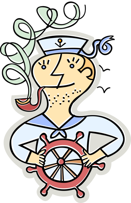 Vector Illustration of Seafaring Maritime Sailor with Tobacco Pipe Standing at Ship's Helm Wheel